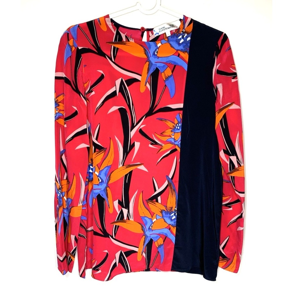 Diane Von Furstenberg Tunic Blouse Womens 4 Pink Silk Floral Long Sleeve STAIN